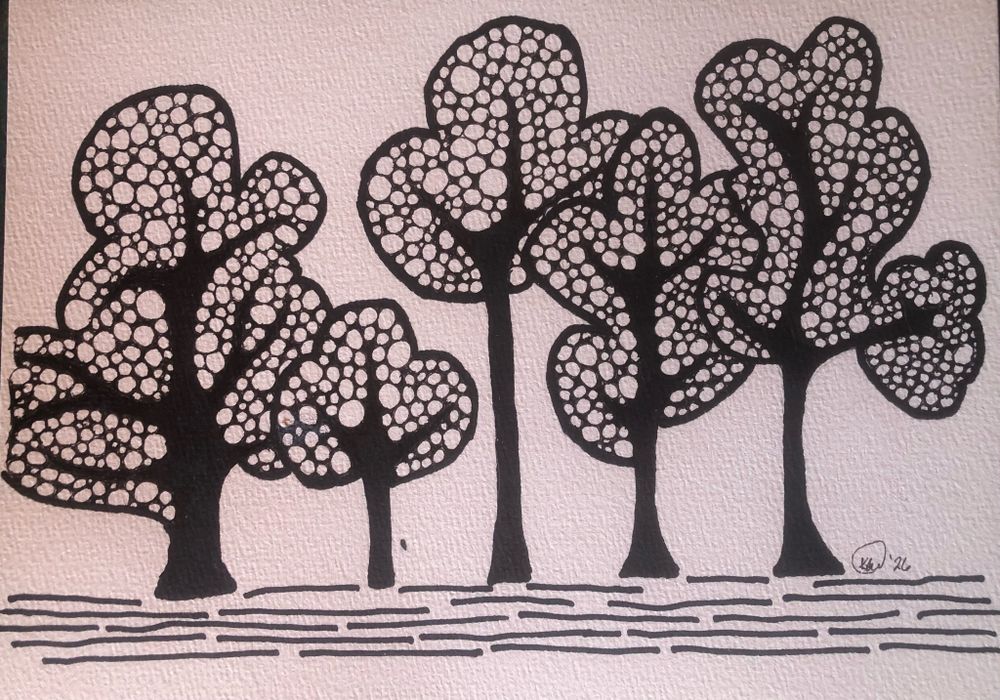 Five abstract trees in a group. Sort of Zendoodle-ish: the trunks are solid black, the leaves are white circles with a black background in rounded groups surrounding the upper trunks. Ground is signified by parallel broken lines.