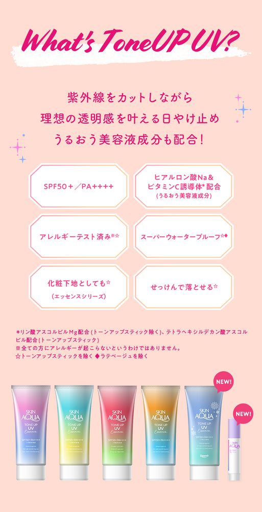 主に文字情報。一番下に、5色のトーンアップUVエッセンスとスティックが並んでいる。この画像からするとリップバームよりは大きい。立ててある状態で、スティックはエッセンスの80g入りチューブの三分の二くらいの高さ。文字情報のうち、スティックに関係があるのはSPF 50+ PA++++であることとヒアルロン酸Naとテトラヘキシルデカン酸アスコルビルを配合していることのみ。以下、全ての文字情報：

What’s ToneUP UV?

紫外線をカットしながら理想の透明感を叶える日やけ止め
うるおう美容液成分も配合！

SPF 50+／PA++++
ヒアルロン酸Na＆ビタミンC誘導体*配合（うるおう美容液成分）
アレルギーテスト済み※☆
スーパーウォータープルーフ☆◆
化粧下地としても☆（エッセンスシリーズ）
せっけんで落とせる☆

* リン酸アスコルビルMg配合（トーンアップスティック除く）、テトラヘキシルデカン酸アスコルビル配合（トーンアップスティック）
※ 全ての方にアレルギーが起こらないというわけではありません。
☆トーンアップスティックを除く
◆ ラテベージュを除く