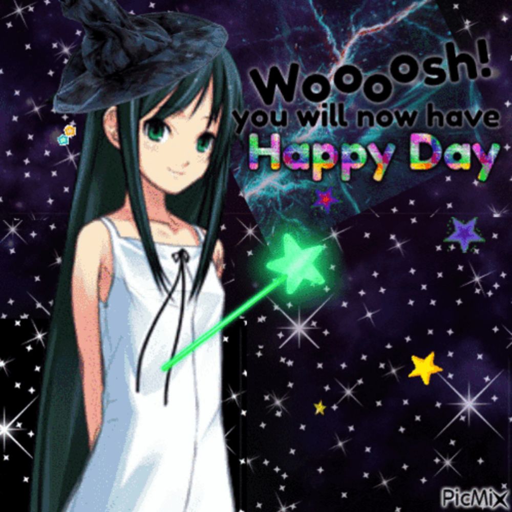 a picture of a girl in a witch hat with the words wooosh you will now have happy day on it