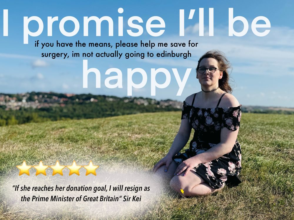Ava sat on a field with a blue sky. Big white text says “I promise i’ll be happy” with smaller black text that reads “if you have the means, please help me save for surgery, I’m not actually going to Edinburgh.
At the bottom of the image are 5 stars with a quote. “If she reaches her donation goal, I will resign as prime minister of Great Britain” from Sir Kei