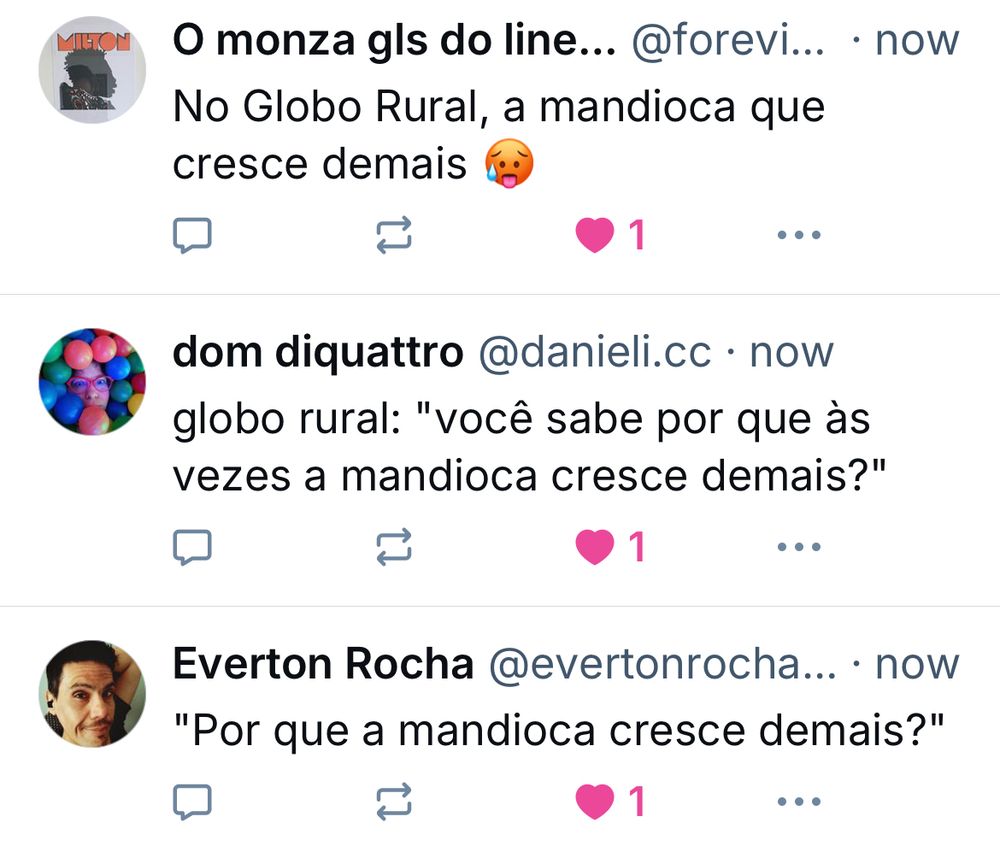 Sequencia de posts no bluesky todos falando da mandioca que cresce demais no globo rural