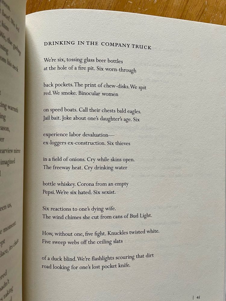 DRINKING IN THE COMPANY TRUCK

We're six, tossing glass beer bottles 
at the hole of a fire pit. Six worn-through

back pockets. The print of chew-disks. We spit
red. We smoke. Binocular women

on speed boats. Call their chests bald eagles.
Jail bait. Joke about one's daughter's age. Six

experience labor devaluation—
ex-loggers ex-construction. Six thieves

in a field of onions. Cry while skins open.
The freeway heat. Cry drinking water

bottle whiskey. Corona from an empty 
Pepsi. We're six hated. Six sexist.

Six reactions to one's dying wife.
The wind chimes she cut from cans of Bud Light.

How, without one, five fight. Knuckles twisted white.
Five sweep webs off the ceiling slats

of a duck blind. We're flashlights scouring that dirt 
road looking for one's lost pocket knife.