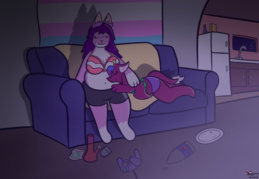 Both Magenta and Jenny lay on a couch in the dark with the room being illuminated by a TV off screen. Magenta lays on Jenny's belly as she falls asleep on her. Jenny rest her hand on Magenta as she fall as she comforts her. An empty plate and a empty bottle of soda lay on the floor. A GameCube controller lays on the floor, next to it is a bong with a lighter and weed next to it.