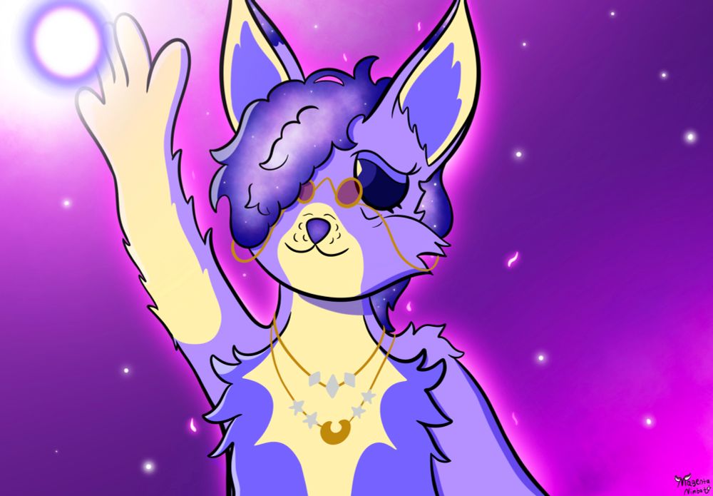 A purple Caelestis Lupus harnessing an energy sphere. Their wearing some jewelry 