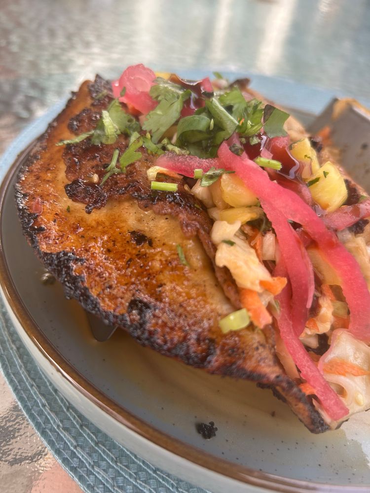 A close-up picture on the really well glazed taco