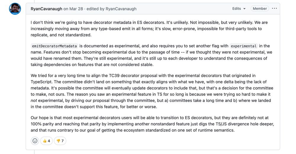 RyanCavanaugh writting : "I don't think we're going to have decorator metadata in ES decorators. It's unlikely. Not impossible, but very unlikely. We are increasingly moving away from any type-based emit in all forms; it's slow, error-prone, impossible for third-party tools to replicate, and not standardized.

emitDecoratorMetadata is documented as experimental, and also requires you to set another flag with experimental in the name. Features don't stop becoming experimental due to the passage of time -- if we thought they were not experimental, we would have renamed them. They're still experimental, and it's still up to each developer to understand the consequences of taking dependencies on features that are not considered stable.

We tried for a very long time to align the TC39 decorator proposal with the experimental decorators that originated in TypeScript. The committee didn't land on something that exactly aligns with what we have, with one...."