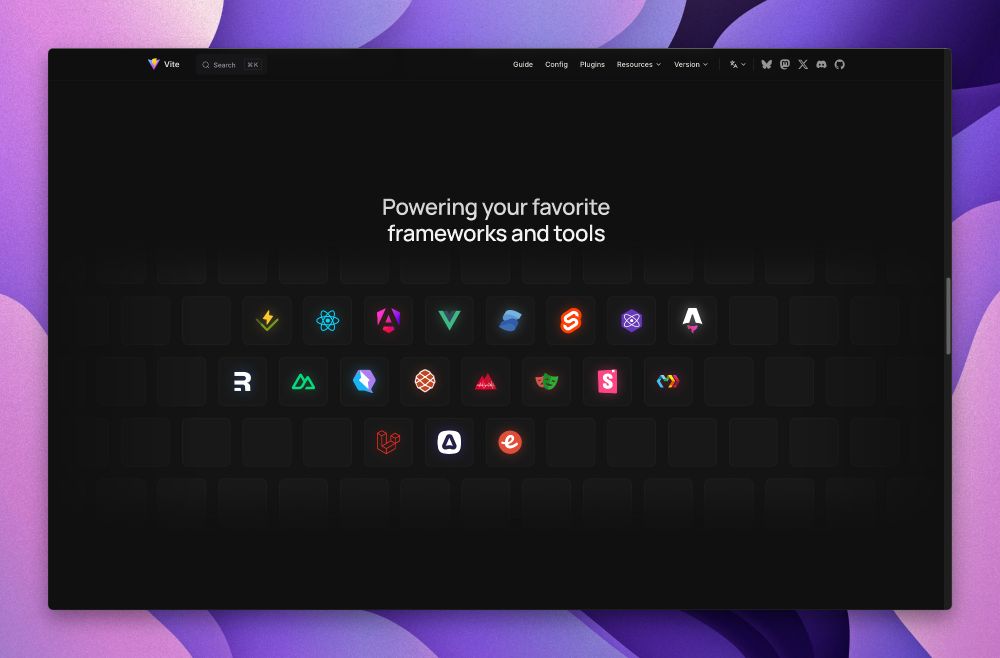 ViteJS website showcasing all frameworks that use it, with AdonisJS featured among them