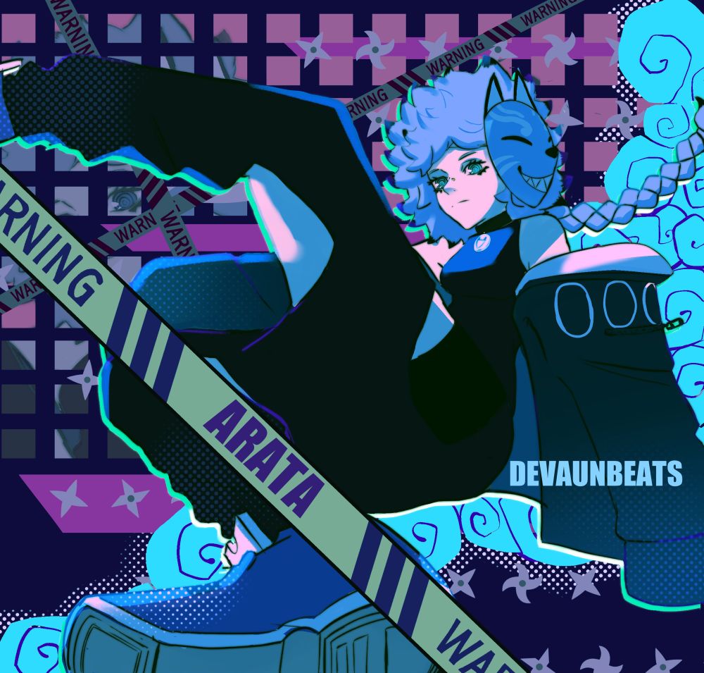 My OC Arata with her left leg up and right light and shoe pointed towards camera. She is on top of an abstract, vapor wave-ish background. 