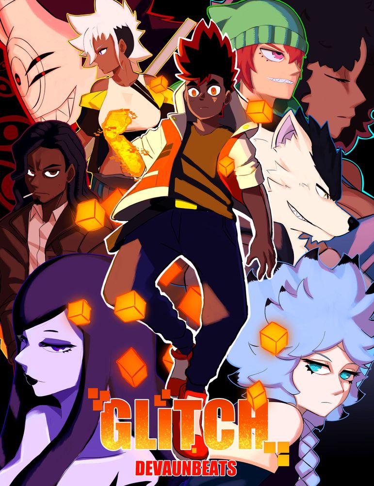 Cover image of my webtoon called GLiTCH. Image shows the main character with a glowing right arm in the foreground, floating in the air. In the background are various different characters surrounding him
