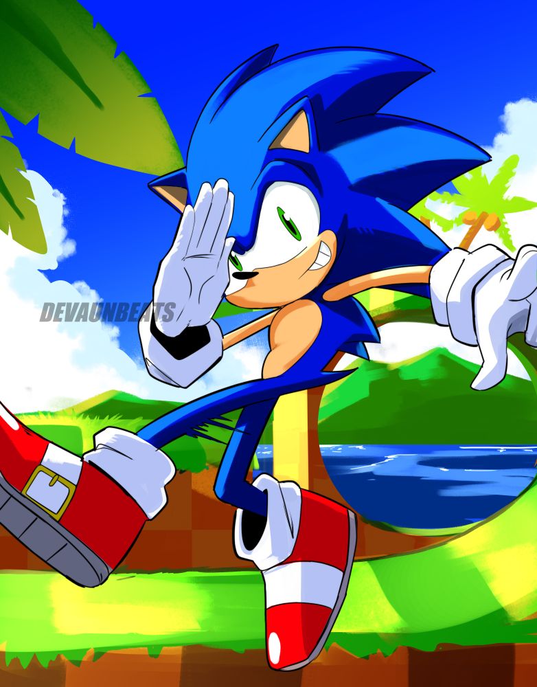 Sonic the Hedgehog doing a salute while posing in the air against a background depicting Green Hill Zone
