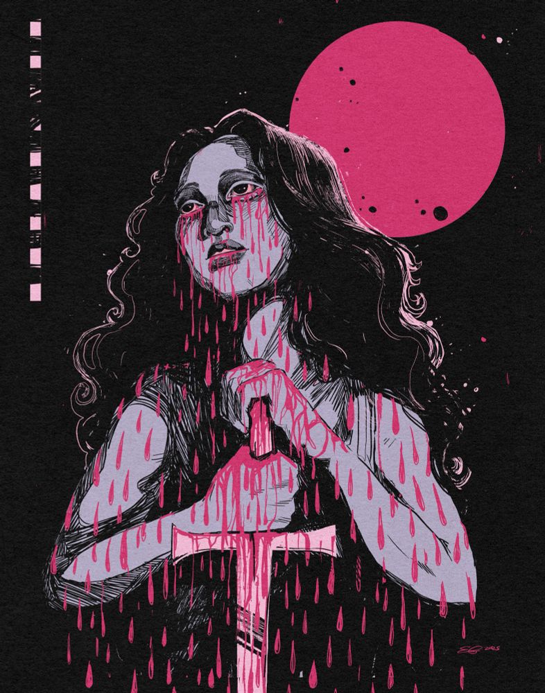 illustration of a person with long hair holding a sword and covered in pink blood droplets 