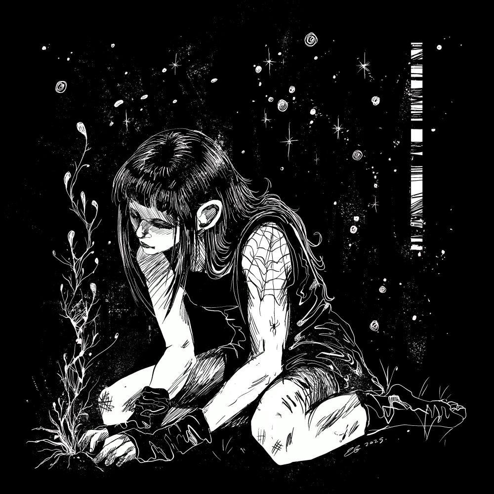 a black and white drawing of a person with long black hair and a spiderweb tattoo sitting on the ground and tending to a weird grotesque plant