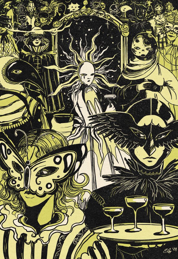 an illustration of a masquerade ball rendered in black and green. In the center of the room a person dressed in a ballgown and a sun mask stands in front of an archway and makes direct eye contact with the viewer. The other masked attendees look away. In the foreground there is a woman in a butterfly mask and a man dressed in a stylized crow costume, holding a tray of drinks.