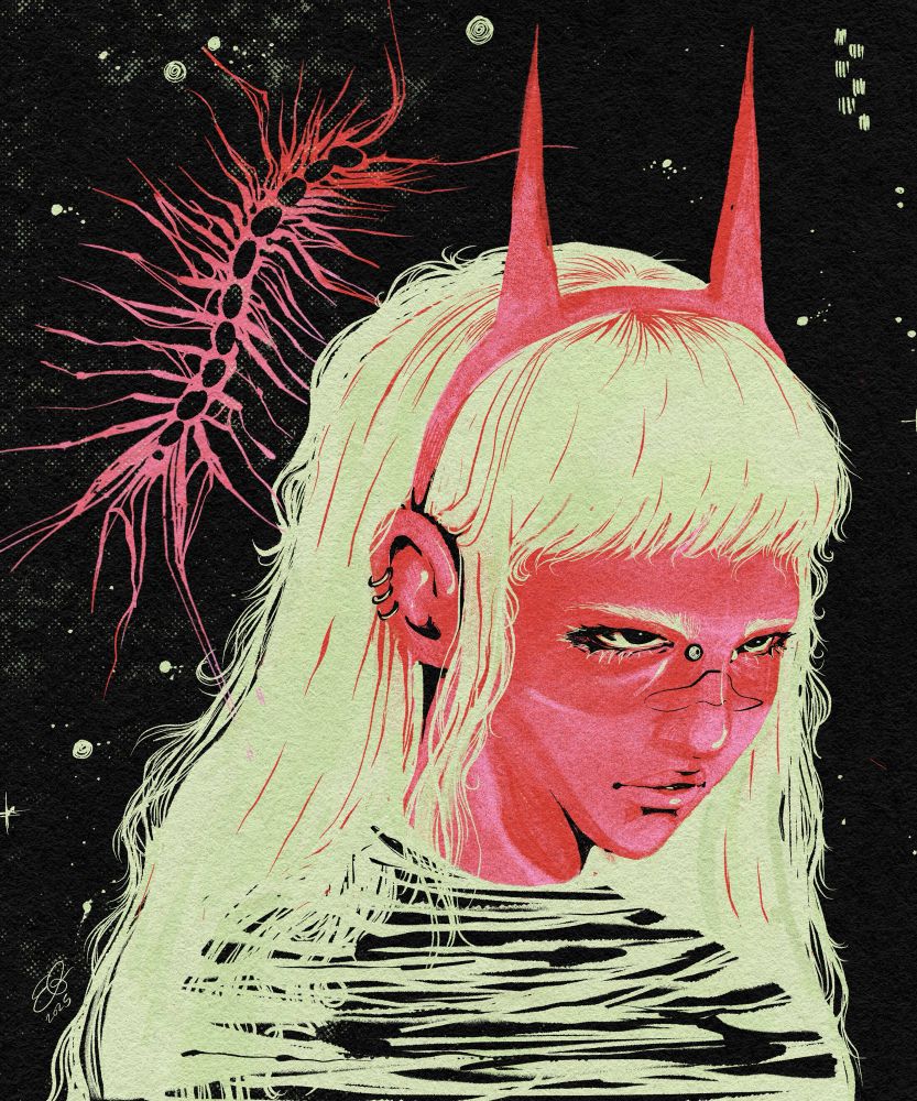 illustration of a girl wearing devil horns staring menacingly off, there is a house centipede in the background