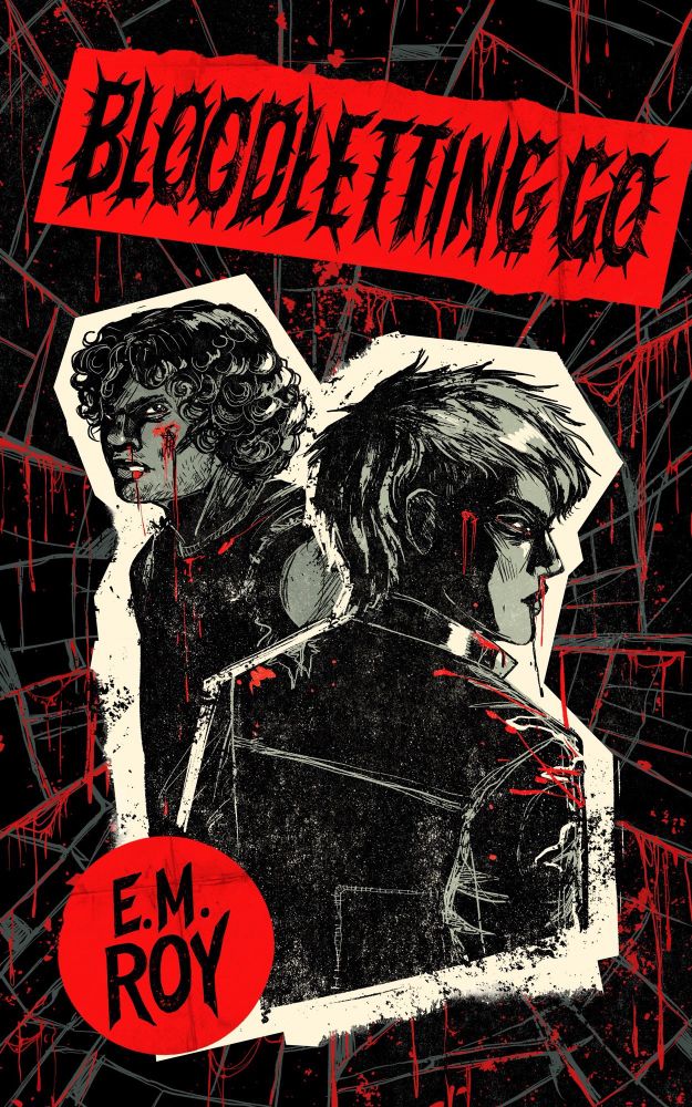Cover art for Bloodletting Go by EM Roy, two punks looking at the viewer in front of a background of blood and shattered glass