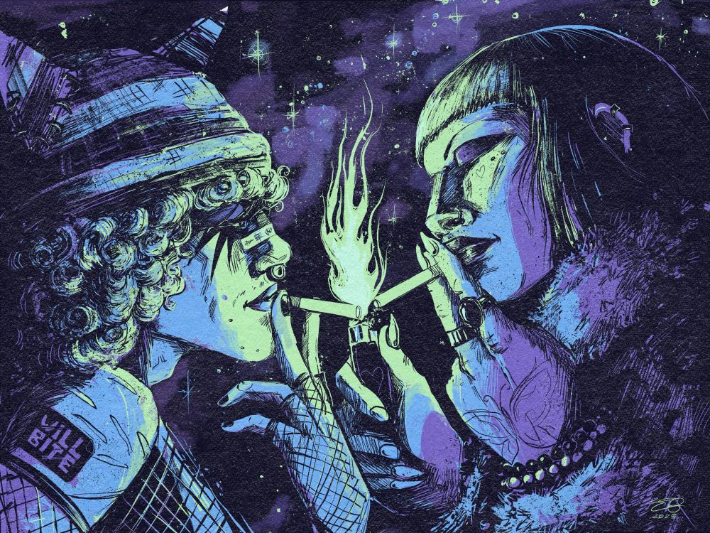 illustration of two queer ravers lighting their cigarettes at the same time in front of a starry night sky. Their faces are illuminated by the flame of the lighter.