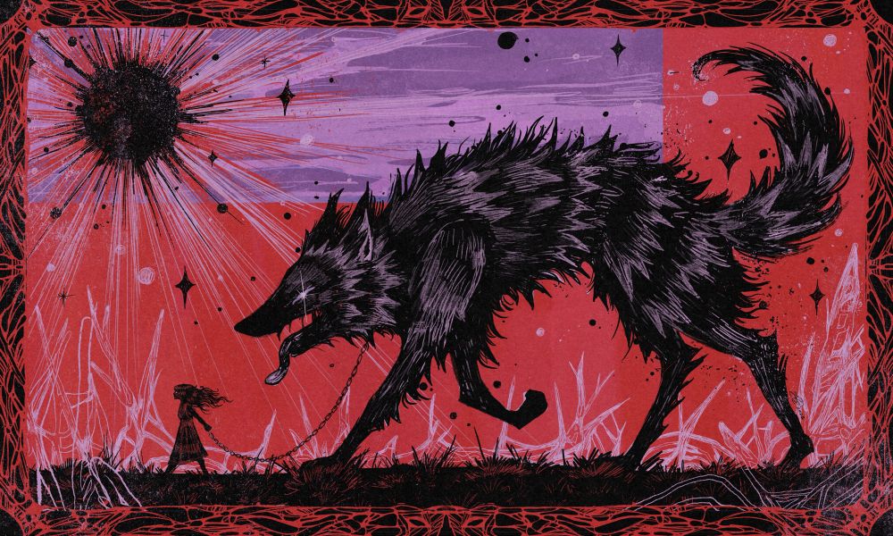 a young girl walks a huge black wolf dog across a jagged landscape