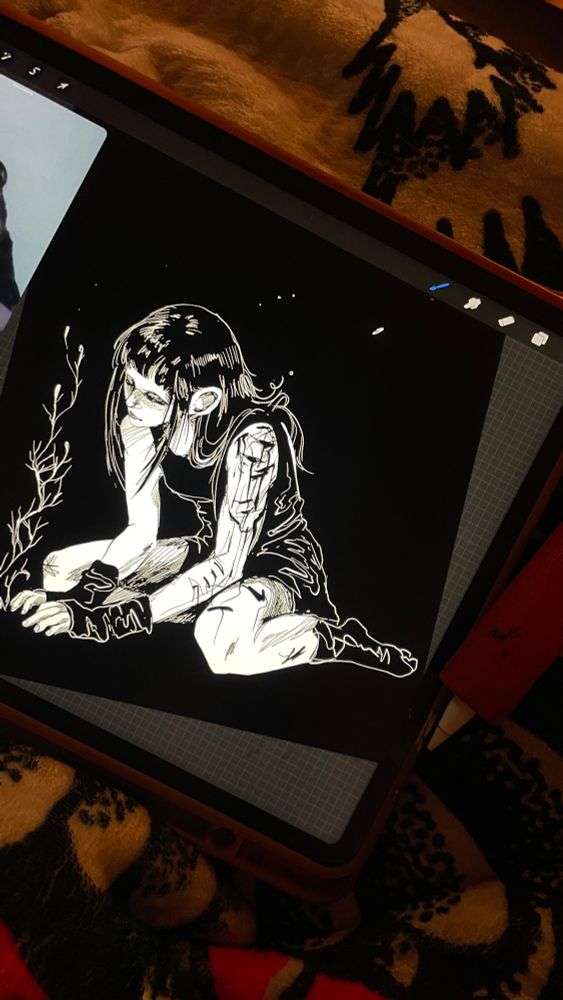 drawing of a goth girl tending a weird plant