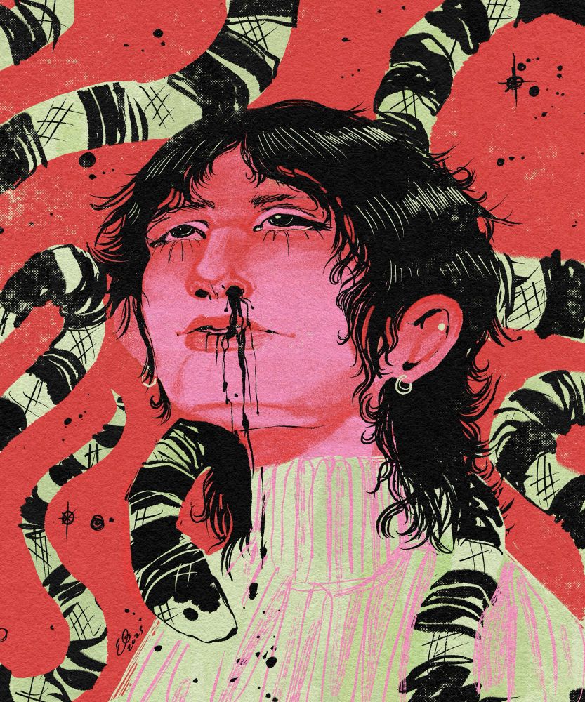 illustration of a girl with black hair and a nose bleeding looking up, a king snake is wrapped around her