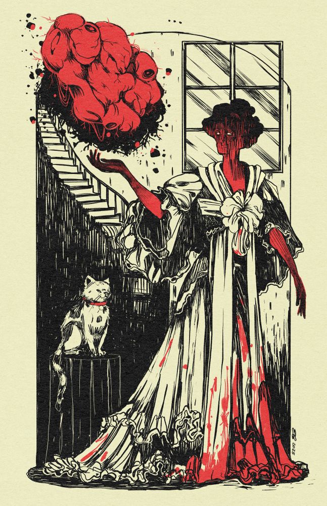 an illustration of a person in a Victorian tea dress holding their hand up and hovering a big fleshy blob in the air
