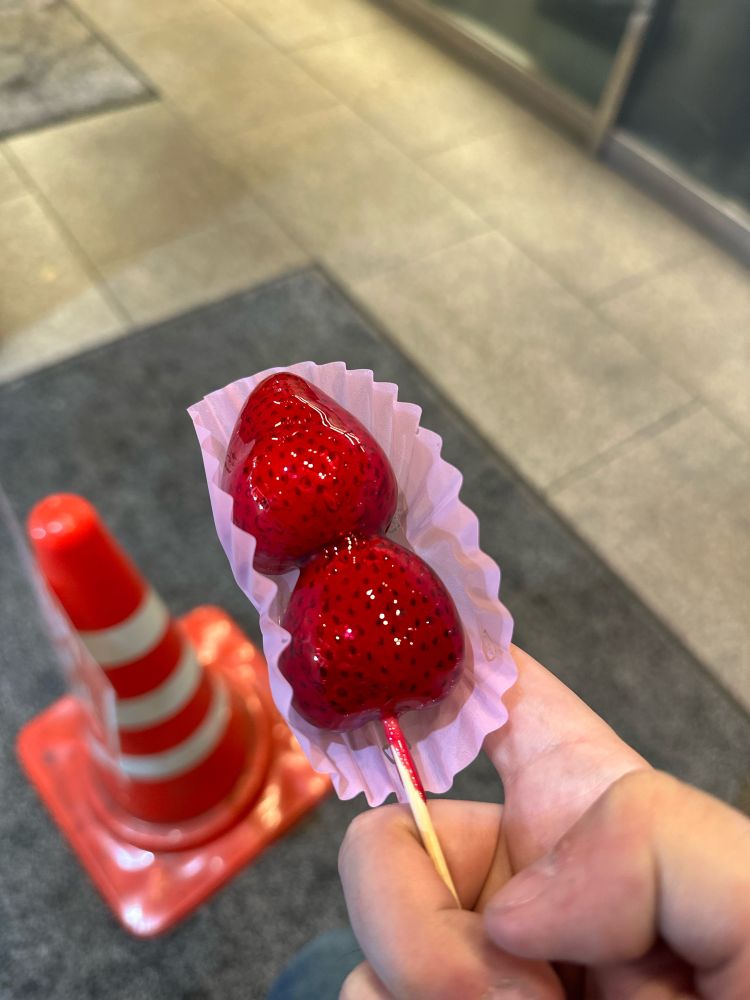 Some candied strawberries on a stick. They are served with a paper wrapper as the hard candy is applied at the stand and can still be liquid in the center. These were unbelievably delicious!