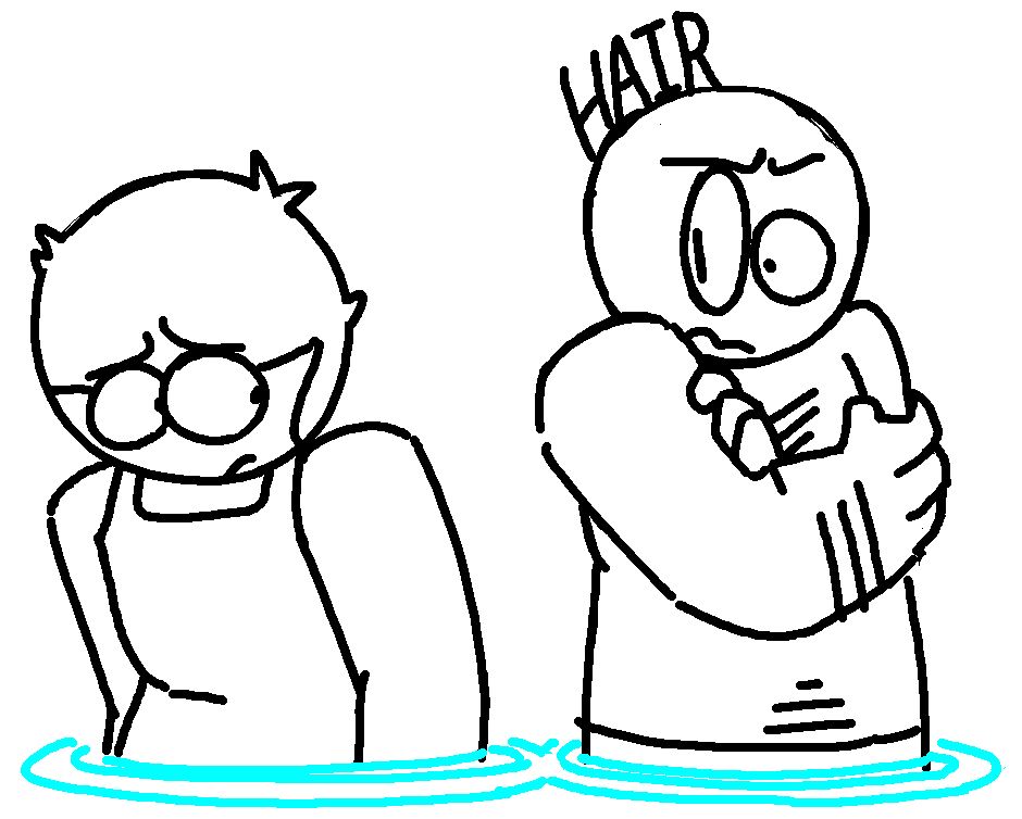 (dave and bambi/dimensional deep end) dave and tango looking at each other while stood together in a pool