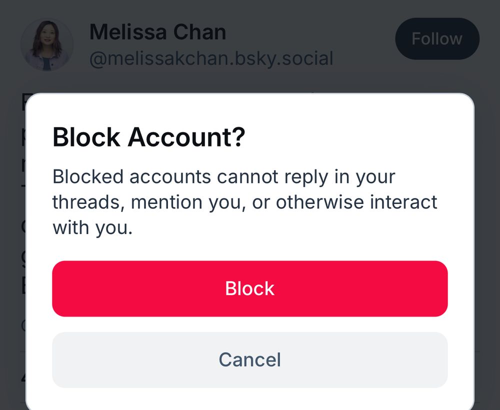 block account pop up over a melissa chan skeet
