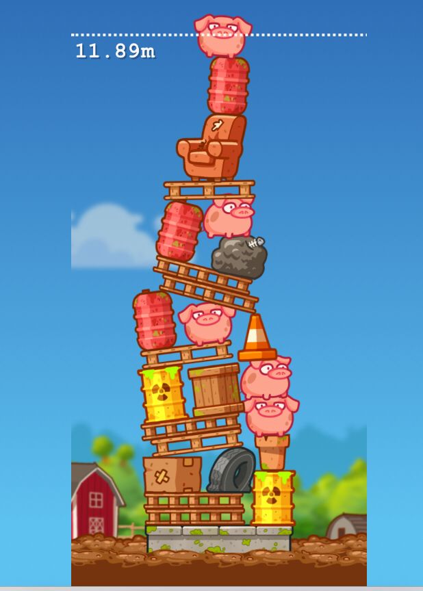 11.89m tall tower of piggies and assorted junk from Styscrapper game. https://vole.wtf/styscraper/