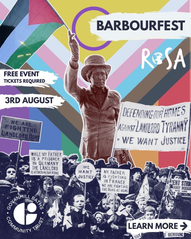 Collage image of a statue of a woman and a crowd