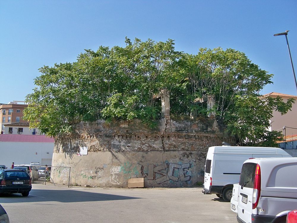 Restos de un antiguo edificio correspondiente a una noria de agua de planta circular. Los restos aparecen cubiertos de vegetación que nacen del interior del edificio y cubren toda su parte superior.