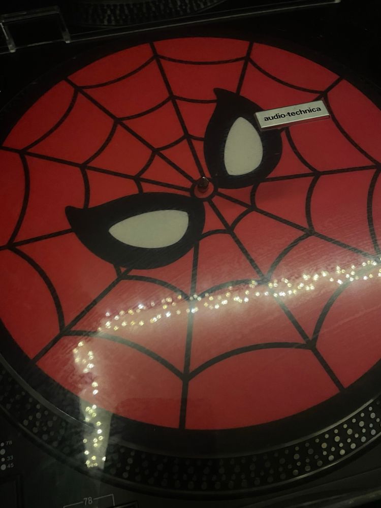 Spider-Man slip mat on a record player.