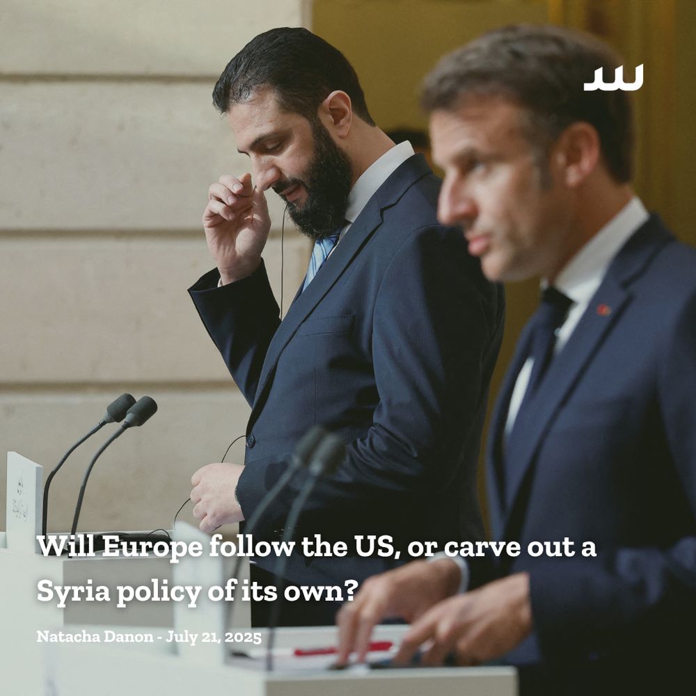 French President Emmanuel Macron (right) and Syrian President Ahmad al-Sharaa attend a joint press conference in Paris during al-Sharaa’s first visit to Europe since overthrowing Bashar al-Assad in December 2024, 7/5/2025