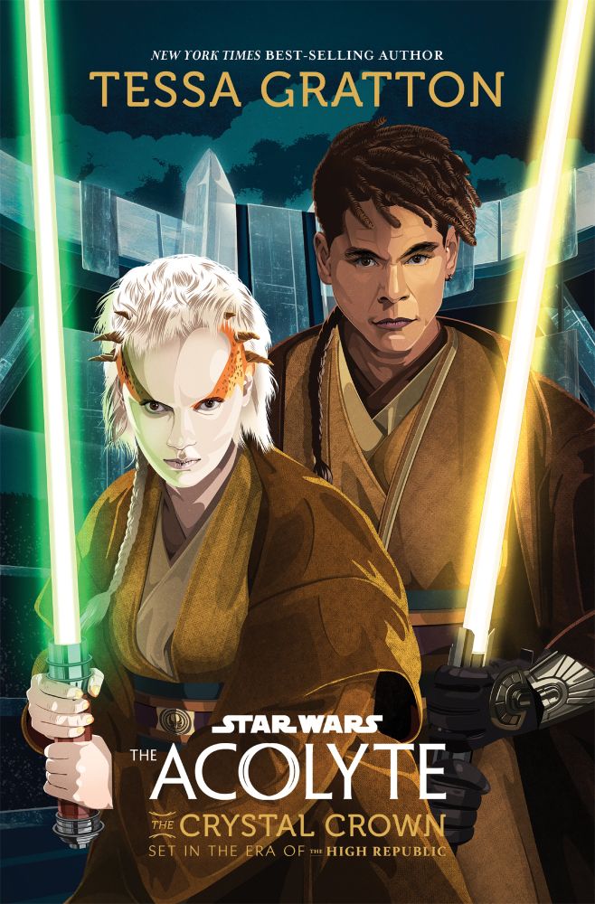 Cover art by J.D. Paulsen (credited as Julian Paulsen) for "Star Wars: The Acolyte: The Crystal Crown". The artwork depicts Jecki Lon with her green-bladed lightsaber and Yord Fandar with his yellow-bladed lightsaber. The characters described in this thread are not in this image.