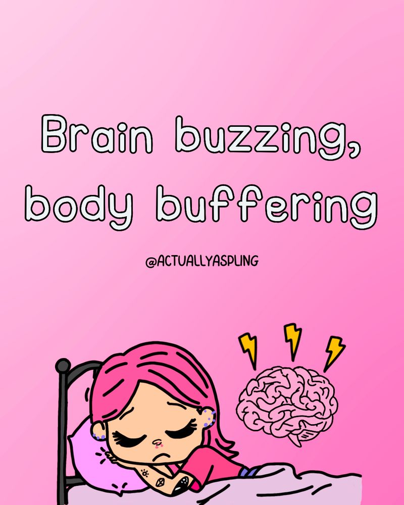A pink gradient background with a cartoon drawing of a girl in bed asleep and the brain with yellow lightning bolts over the top