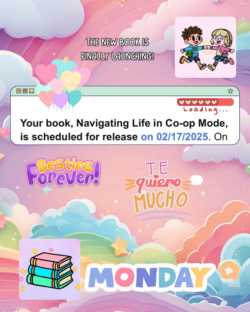 A poster for the new book release. It has a pastel background and images of books, cartoon people and balloons
