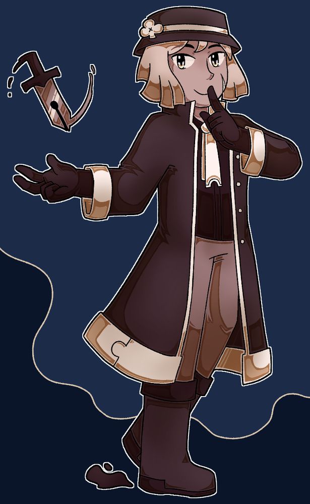 Mihne(?) tossing a spinning knife in the air and placing a finger over their smile