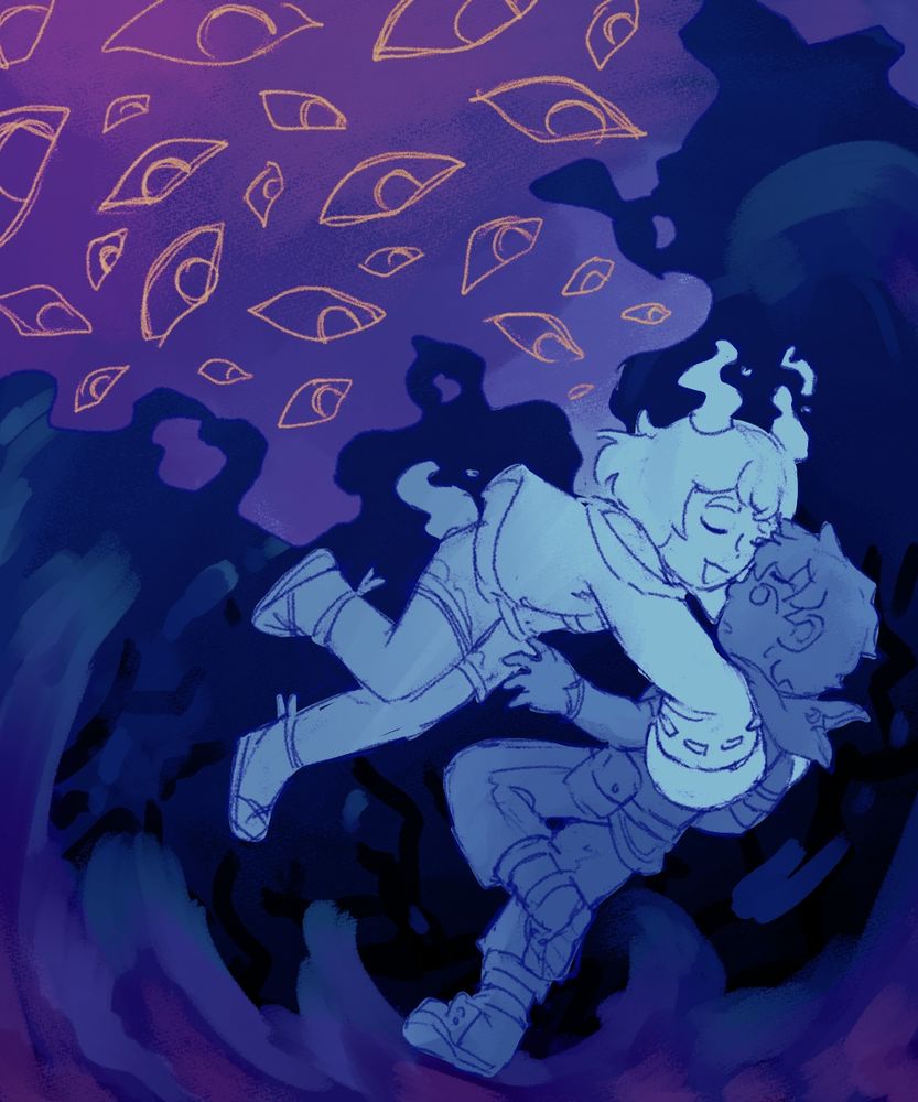 Ilia floating towards Raiden, sliding her arms along Raiden’s shoulders. Raiden stumbling over in a dark environment.