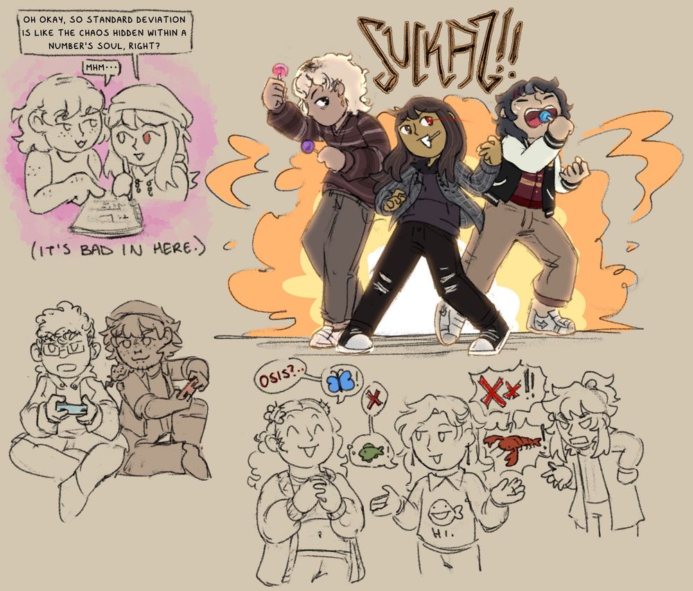 Various members of “The Witch Patron Society” socializing and interacting.

(top left) Ashley tutoring Rena in statistics
(top right) Lamar, Rena and Joshua rocking out with lollipops
(bottom left) Kaya and Micah playing a video game together
(bottom right) Chryssy, Tanya, and Tobi discussing what kind of creature Osis, the Dark Overlord must resemble