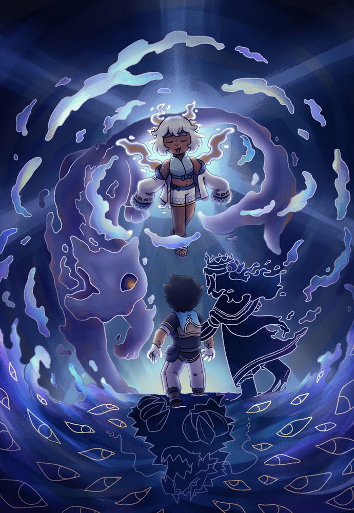 Raiden looking up at Ilia, watched by entities shaped like a cat, Fenrir and Araceli. They're surrounded by goopy magic and eyes. 