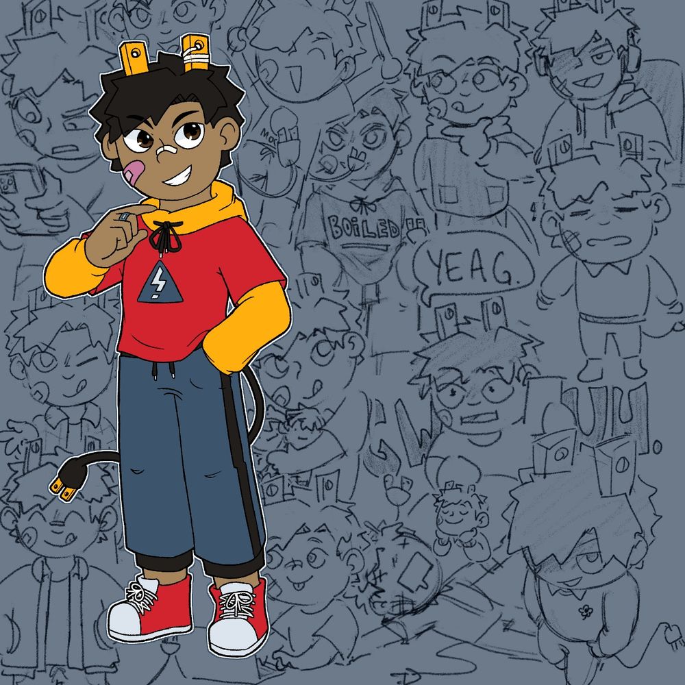 Raku standing with a confident smile, with other doodles of Raku making various expressions 