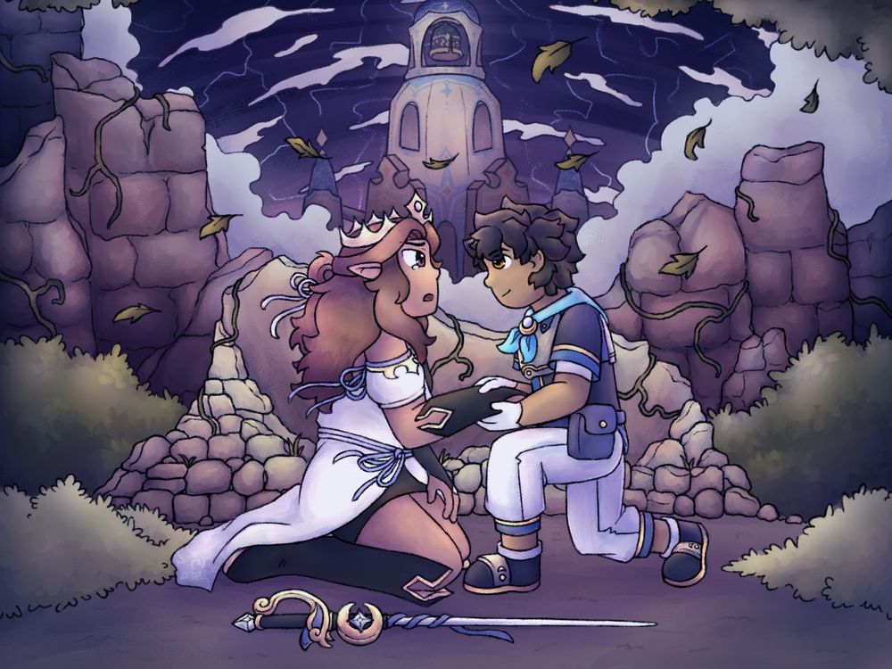 Araceli tearful, Raiden holding her hand. A storm brews behind them.