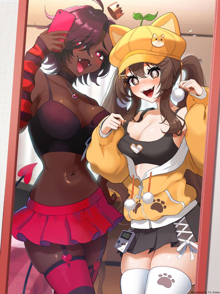 An art piece of me and OrangeisBorange's vtuber models! My vtuber is on the left holding up a phone, wearing arm warmers, her crop top bra/bralette and a red skirt with garterbelts and striped thigh highs. She is looking smug while holding a phone in the mirror. Aki's vtuber model is on the right and she looks super cheerful while looking happy and posing for the camera. She is wearing an orange hoodie with pawprints, a big orange cap with dog ears and a sapling, a black tanktop and black skirt with white ribbons, as well as white stockings with pawprints on it!