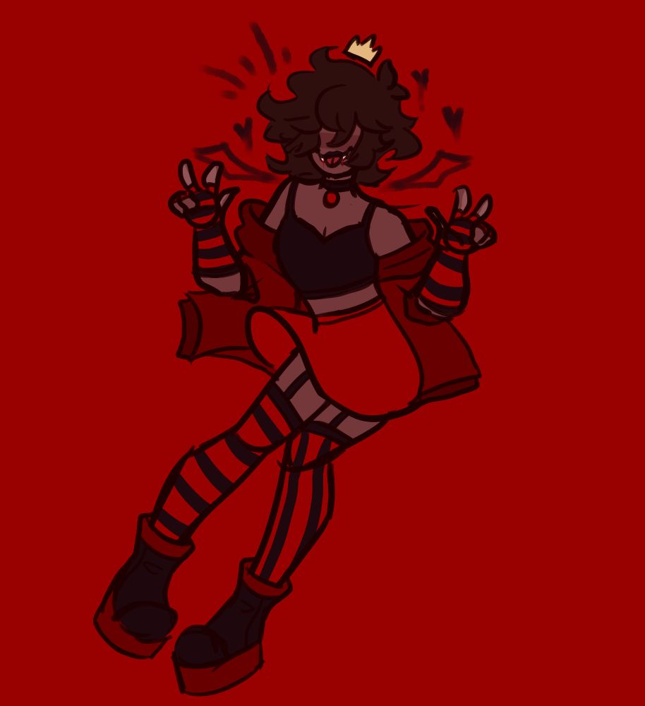 A photo of me as a vampire girl! I have a oversized jacket drooping down to my shoulders, as well as wearing a black bralette with a choker, and bangs that are covering my face. I have brown curly hair. With cute vampire wings at the back and fangs! I am doing a peace sign pose. I am also wearing red and black striped arm warmers, a red skirt, garterbelts with red and black striped stockings. The stockings have vertical stripes on the right and horizontal stripes on the left, AND big black and red boots! I also have a small golden grown! The background is blood red and there are black heart decals floating around my head.