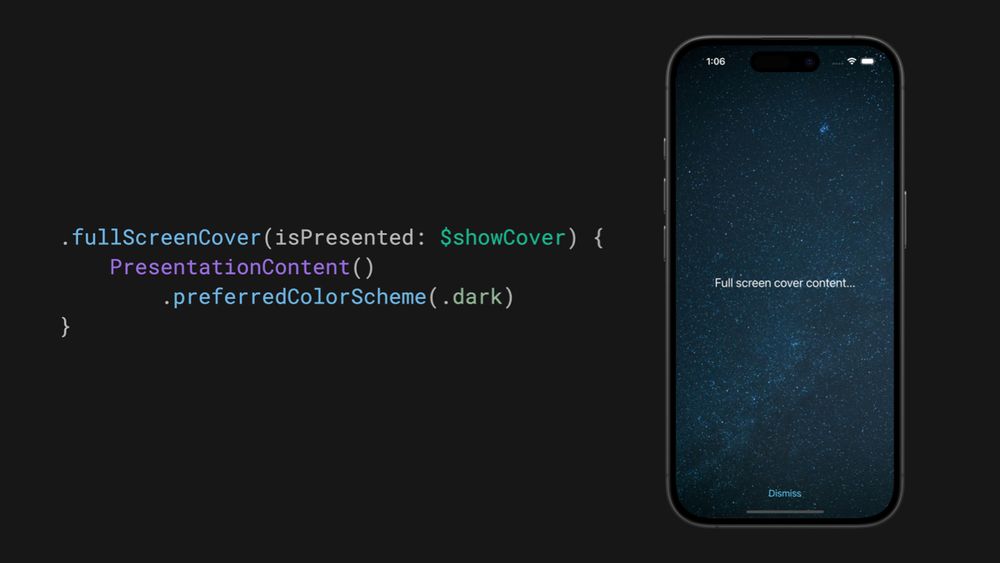 Full-screen modal with a dark starry background and light text, using preferredColorScheme(.dark) inside fullScreenCover.