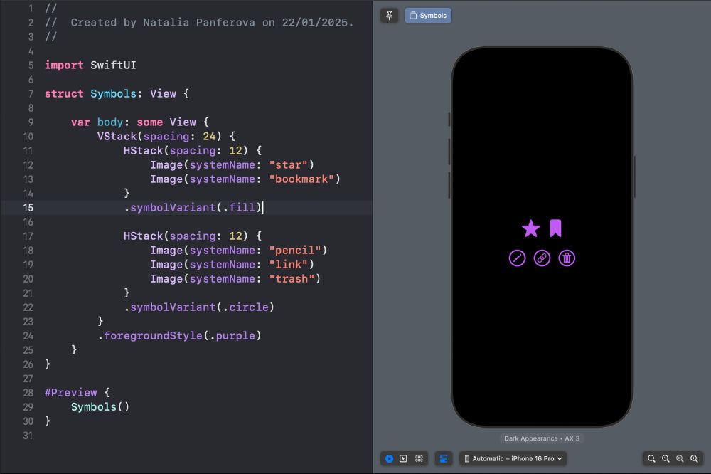 SwiftUI code demonstrating the use of the symbolVariant() modifier to apply .fill and .circle variants to SF Symbols, shown on an iPhone preview with purple icons.