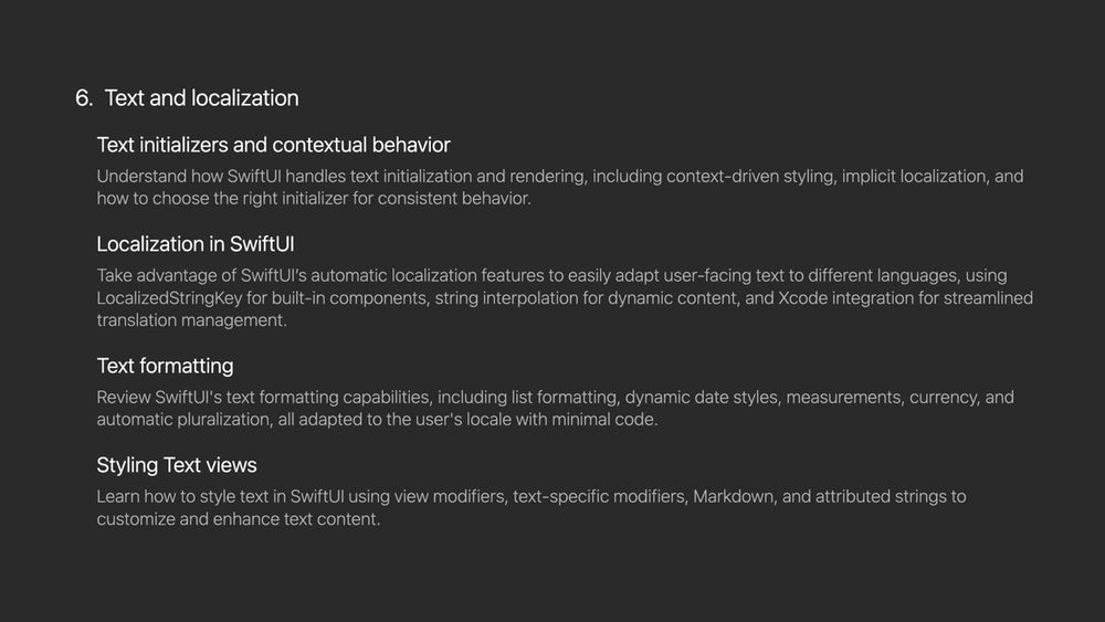 Chapter titled “Text and localization” with sections on text initializers, localization, formatting, and styling in SwiftUI.