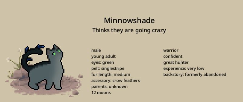 Minnowshade, a grey tom with a black stripe down his spine and green eyes
Thinks they are going crazy
12 moons old
Traits: confident, great hunter