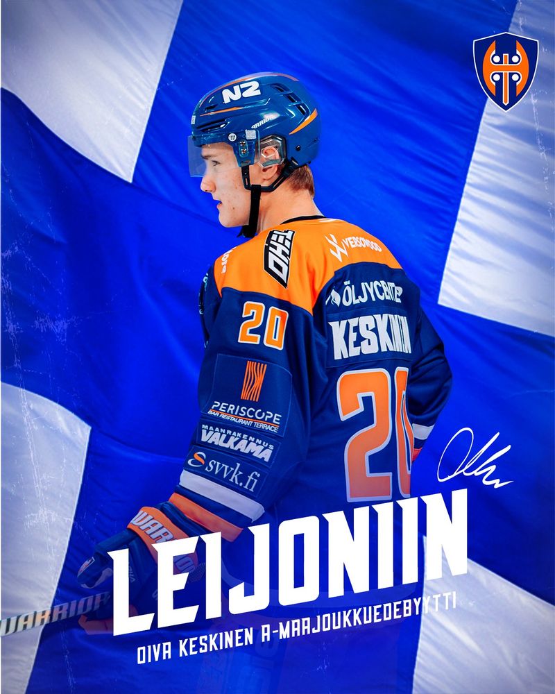 Grafiikka, taustalla Suomen lippu ja etualalla Oiva Keskinen sekä tekstinä kerrottu: Leijoniin – Oiva Keskisen ensimmäistä kertaa A-maajoukkueeseen
