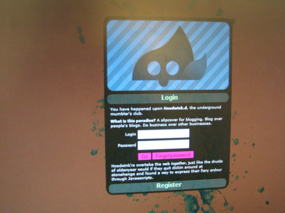 Hoodwinkd was a Greasemonkey script and server that allowed users in the mid-2000s to leave secret messages on websites, kinda like an augmented reality for the web.

Pictured: the hoodwinkd login with the following text: Login
You have happened upon Hoodwink.d, the underground mumbler's club.
What is this paradise? A slipcover for blogging. Blog over people's blogs. Do business over other businesses.
Login
Password
Go
Forgot password
Hoodwink'rs overtake the web together, just like the druids of oldenyear would if they quit dickin around at stonehenge and found a way to express their fiery ardour through Javaescripts.