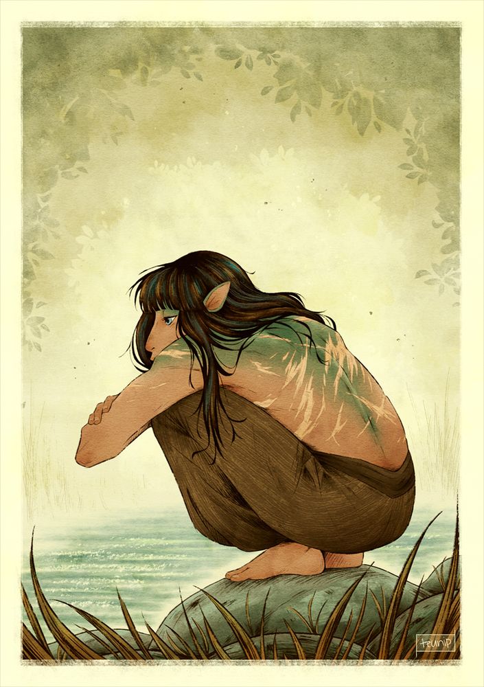 Fanart of Rian from The Dark Crystal - Age of Resistance. He is shirtless and squatting on a rock near water, leaning on his knees. His back is full of scars. His expression is obscured by his shoulder, but his eyes look somberly at the water. The background is a simple silhouette of some foliage in dirty green and yellow tones.